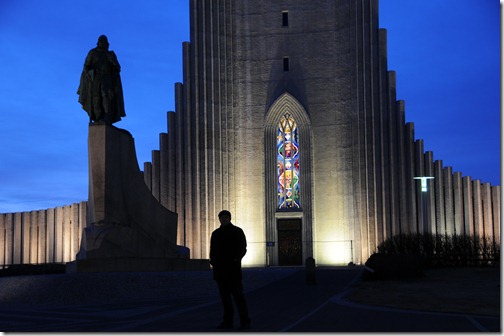 Hallgrímskirkja Churck in Reyjavik with a Statue of Leif Ericson in front