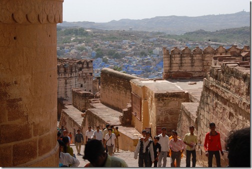 The walkway up to the top of the View up at the walls of the Mehrangarh Fort in Jodphur, Rajasthan, India