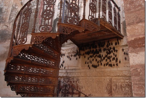 Bats sleeping under a stairway in the View of a palace from the top of the Mehrangarh Fort in Jodhpur, Rajasthan, India