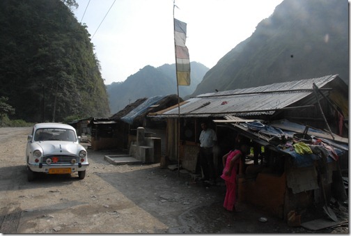 Stopped for lunch along the road from India to Kathmandu, Nepal in our Ambassador Car