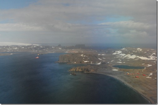 Coming in for a landing on King George Island, Antarctica. Note the Uruguayan research station (Artigas) on the right side and the Russian and Chilean settlements nestled into the valley in the middle of the picture. 