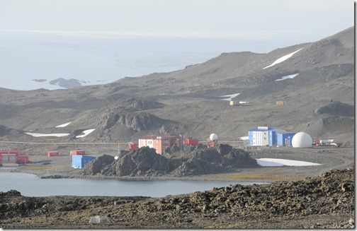 View of the Chinese 'Great Wall' station from the ridge near Villa las Estrellas, Antarctica. Note the giant 'soccer-ball' style satellite uplink.