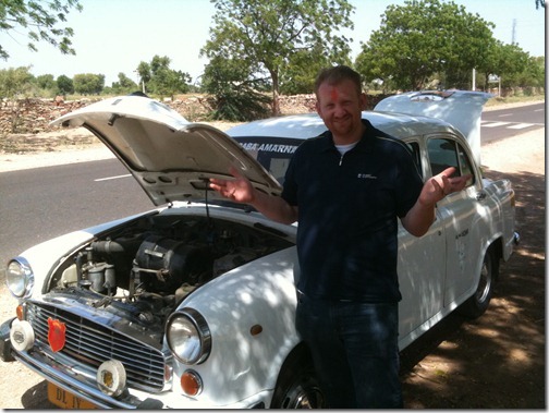 Our Ambassador car breakdown in the middle of the Thar Desert, Rajasthan, India