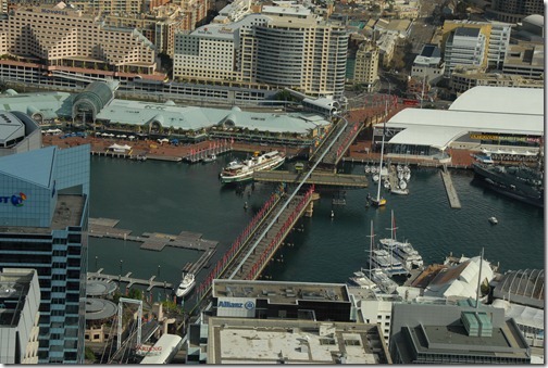 Aerial view of the Pyrmont pedestrian bridge in its open position, Sydney, Australia