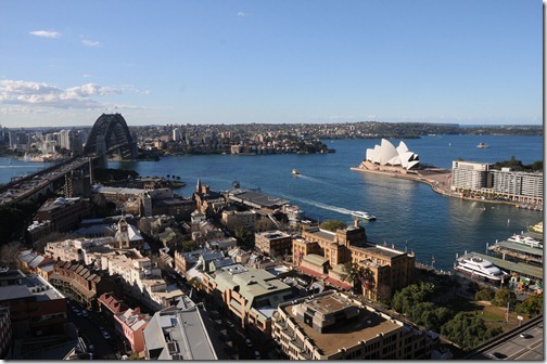A view of Sydney Harbour Bridge, the Rocks neighborhood, and the Opera House