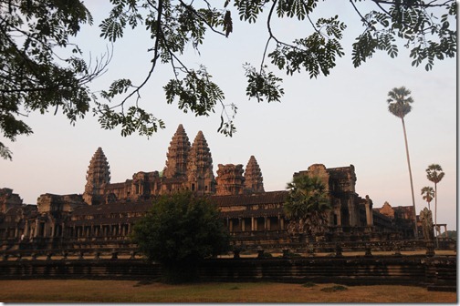 Early daylight shining on the towers of the Center Temple at Angkor Wat, Cambodia