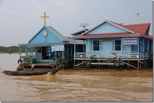 Floating church and floating school in the village of Chong Kneas on Tonlé Sap lake, Cambodia