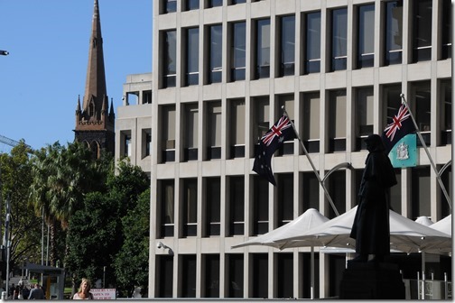 Near the Treasury Cafe, looking towards St. Patrick's Cathedral in Melbourne, Victoria, Australia