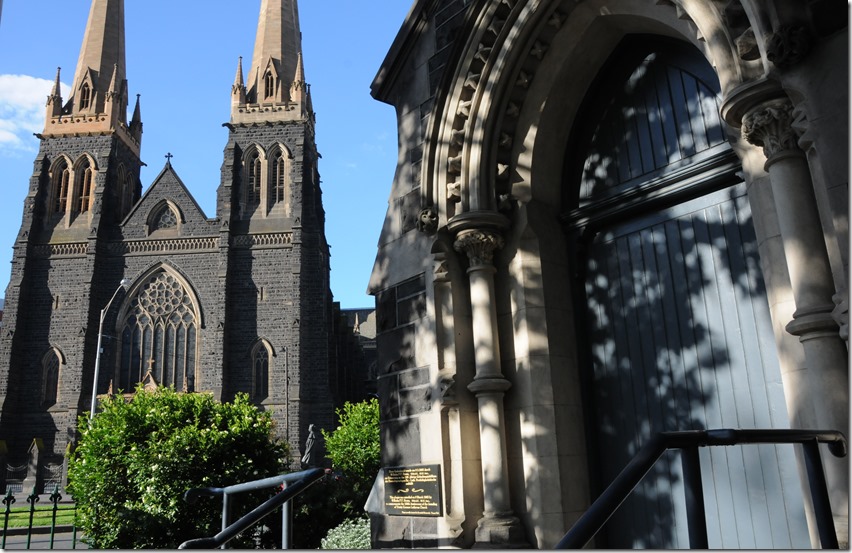 The Irish St. Patrick's Cathedral (left) and the German Trinity Lutheran Church (right) in Melbourne, Victoria, Australia