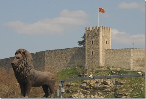Skopje Fortress and Bronze Lion on the Goce Delchev Bridge in Skopje, FYRO Macedonia
