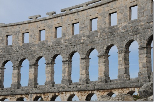 Intact outer walls of the Pula Arena, an ancient Roman amphitheater in Istria, Croatia