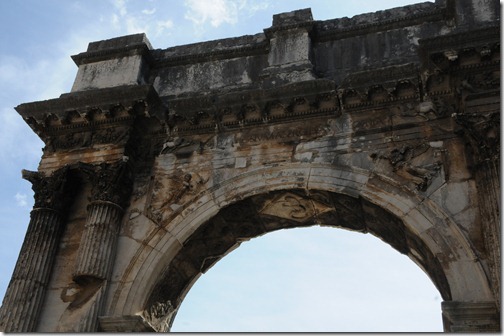 Close-up detail on the Arch of the Sergii, a Roman triumphal arch in Pula, Istria, Croatia
