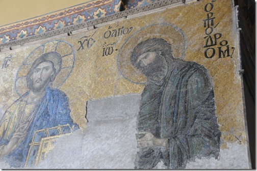 Mosaics on the wall of Inside Hagia Sophia (Ayasofya Mosque) in Istanbul, Turkey