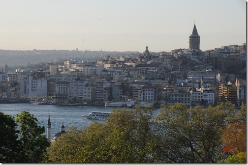 View of the Galata Tower in the Galata neighborhood (modern day Karaköy / Beyoğlu) in Istanbul, Turkey