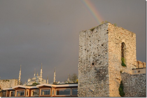 A look at the Sultan Ahmed (Blue) Mosque from the sea walls portion of the Byzantine Walls in Istanbul, Turkey