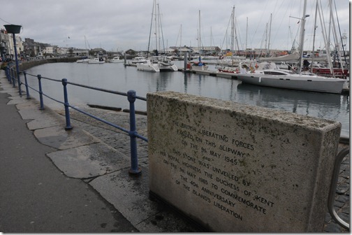 Stone marking the slipway in St. Peter Port where British Liberating Forces landed on Liberation Day (9 May, 1945) in Guernsey, Channel Islands
