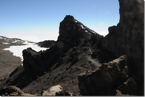 Descending on the trail around the rim of the Kibo crater on Mount Kilimanjaro