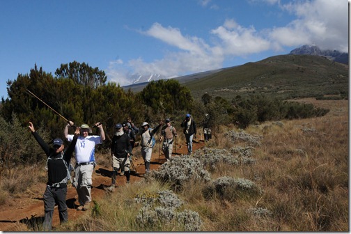 STP Africa team and guides triumphantly decending on the Day 6 hike down from Horombo Huts to Marangu Gate, Mt. Kilimanjaro, Tanzania