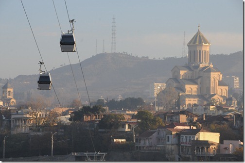 Holy Trinity Cathedral of Tbilisi (თბილისის წმინდა სამების საკათედრო ტაძარი) and new cable cars in Tbilisi, Georgia