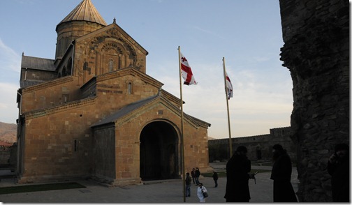 Georgian Orthodox priests outside Svetitskhovelia Cathedral (სვეტიცხოვლის საკათედრო ტაძარი) in Mtshketa, Georgia