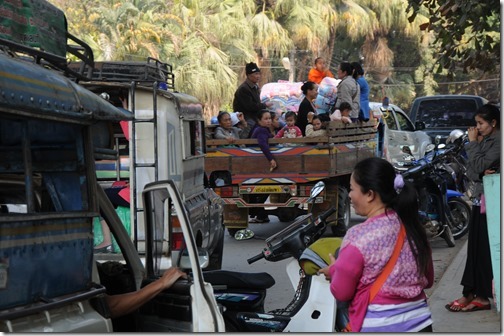 Trucks loaded with passengers in Tachileik, Burma (Myanmar)